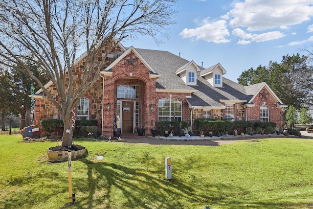 traditional-style house featuring fence, roof with shingles, a front lawn, stone siding, and brick siding