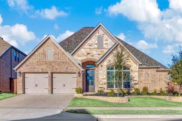 french country home featuring an attached garage and brick siding