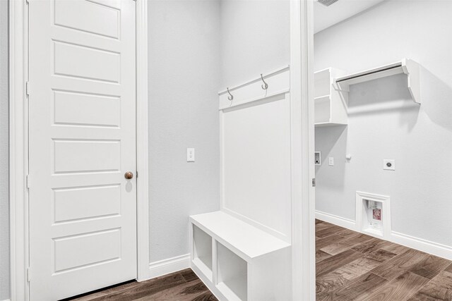 mudroom featuring dark wood-style floors and baseboards