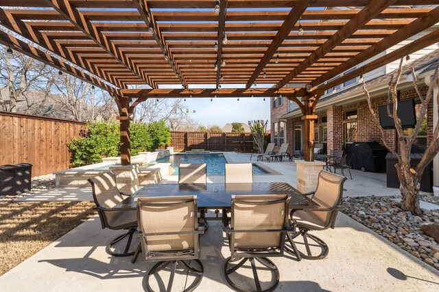 view of patio / terrace with outdoor dining space, a fenced in pool, a pergola, and a fenced backyard