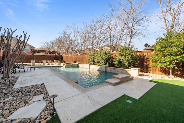 view of swimming pool with a fenced in pool, a patio, a pergola, and a fenced backyard