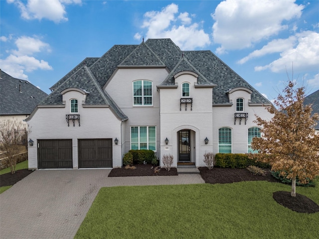 french country home featuring decorative driveway, brick siding, an attached garage, and a front yard