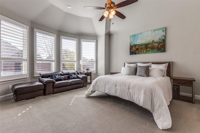 bedroom featuring carpet flooring, a ceiling fan, and baseboards