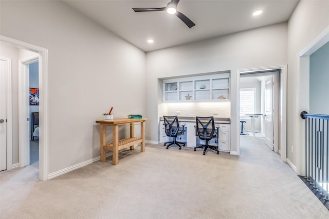 office area featuring recessed lighting, baseboards, light colored carpet, and ceiling fan