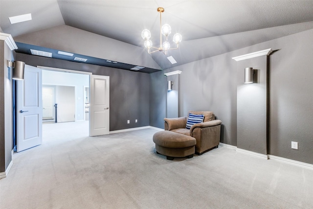 living area with baseboards, a notable chandelier, carpet flooring, and vaulted ceiling