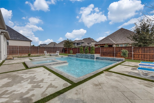 view of swimming pool with a patio area, a fenced in pool, an in ground hot tub, and a fenced backyard