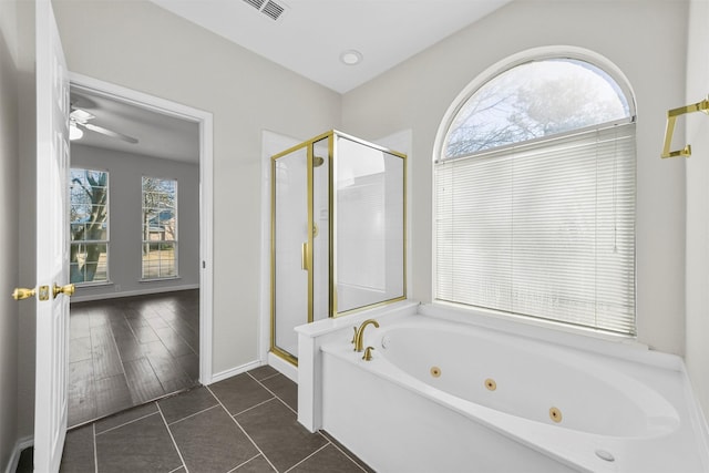 full bath with visible vents, a jetted tub, a stall shower, tile patterned floors, and a ceiling fan