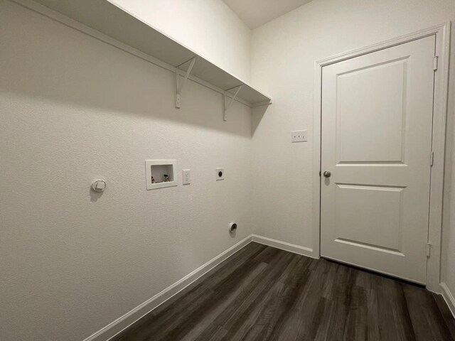 washroom with washer hookup, dark wood finished floors, baseboards, hookup for an electric dryer, and laundry area