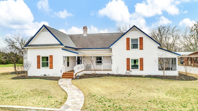 modern inspired farmhouse with a chimney, roof with shingles, covered porch, and a front lawn