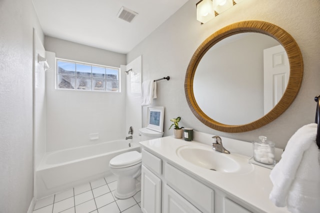 bathroom with vanity, visible vents, tile patterned flooring, bathing tub / shower combination, and toilet