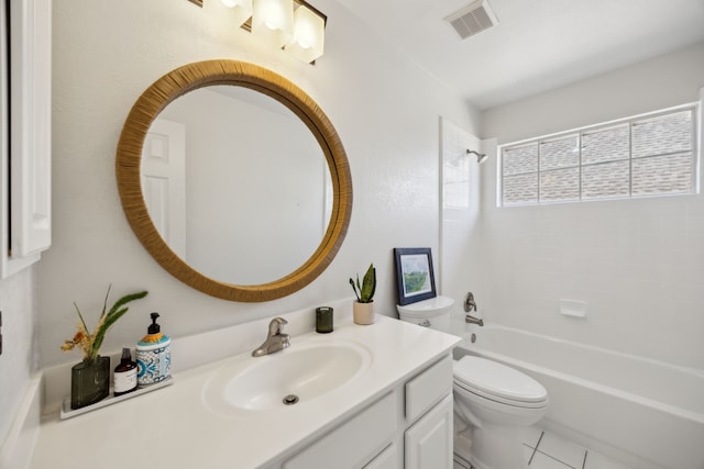 full bath featuring vanity, visible vents, shower / bathing tub combination, tile patterned floors, and toilet