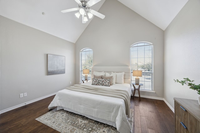 bedroom with baseboards, high vaulted ceiling, dark wood-style floors, and a ceiling fan