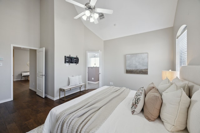 bedroom with a ceiling fan, wood finished floors, visible vents, high vaulted ceiling, and baseboards