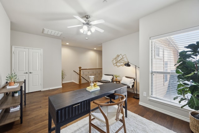 home office featuring visible vents, recessed lighting, baseboards, and wood finished floors