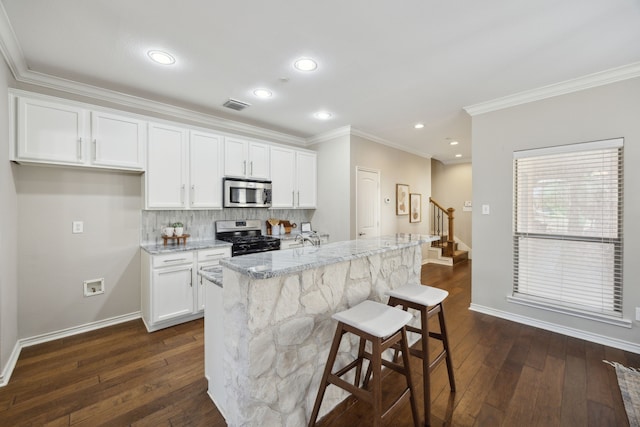 kitchen with white cabinetry, light stone counters, dark wood-style flooring, and stainless steel appliances