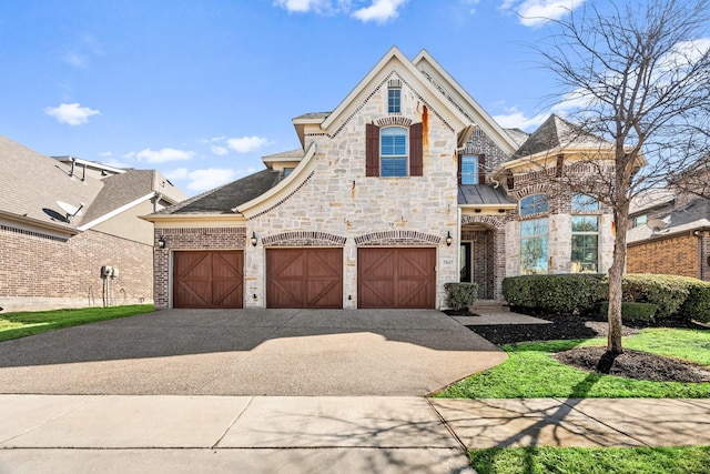 french country home featuring brick siding, stone siding, and driveway