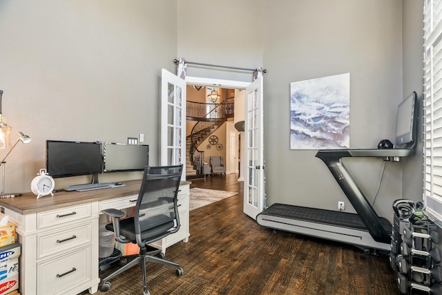 office area with french doors and dark wood-type flooring