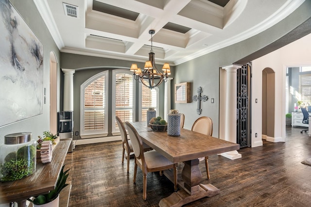 dining space featuring wood finished floors, visible vents, ornate columns, arched walkways, and ornamental molding