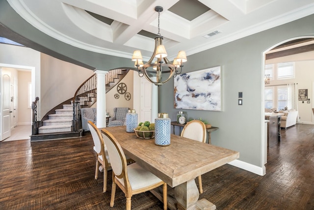 dining space with visible vents, beam ceiling, arched walkways, baseboards, and stairs