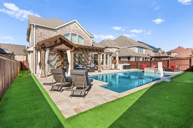 view of swimming pool with a fenced in pool, a lawn, a fenced backyard, a pergola, and a patio