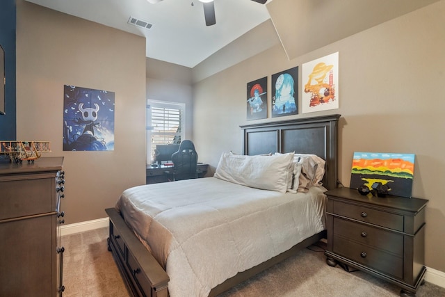 bedroom featuring light carpet, visible vents, a ceiling fan, and baseboards