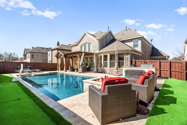 view of swimming pool featuring a fenced in pool, a patio, a fenced backyard, and a pergola