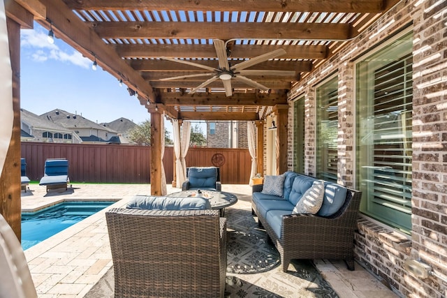 view of patio / terrace with a fenced in pool, outdoor lounge area, a fenced backyard, a pergola, and a ceiling fan