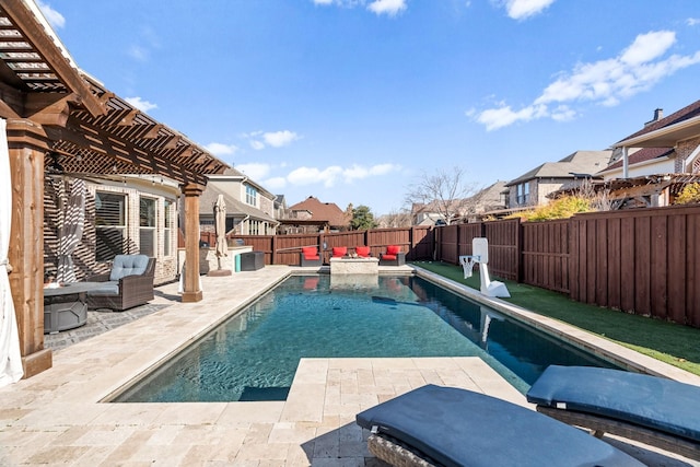 view of pool with a fenced in pool, a patio area, a residential view, and a fenced backyard