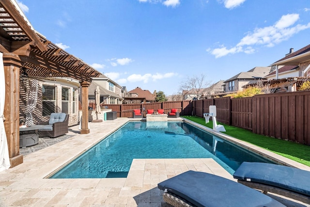 view of pool featuring a residential view, a patio, a fenced in pool, and a fenced backyard