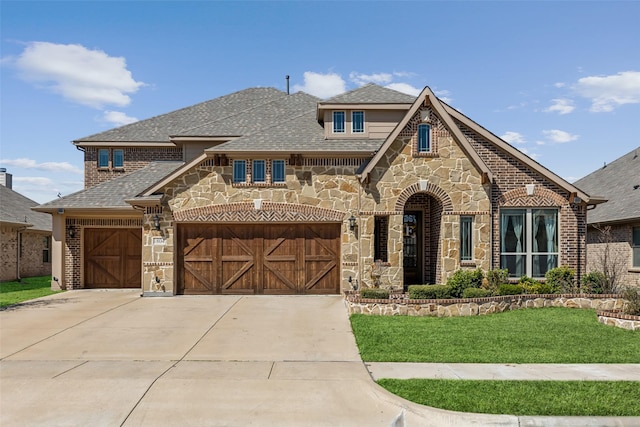 view of front of property with stone siding, concrete driveway, a front yard, a shingled roof, and a garage