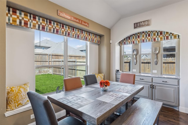 dining space with a wealth of natural light, baseboards, lofted ceiling, and dark wood-type flooring