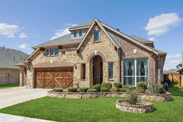 view of front of home featuring brick siding, stone siding, concrete driveway, and a front lawn