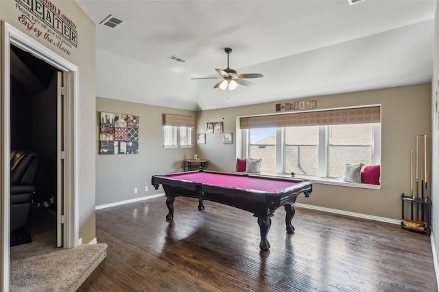 playroom with vaulted ceiling, visible vents, billiards, and wood finished floors