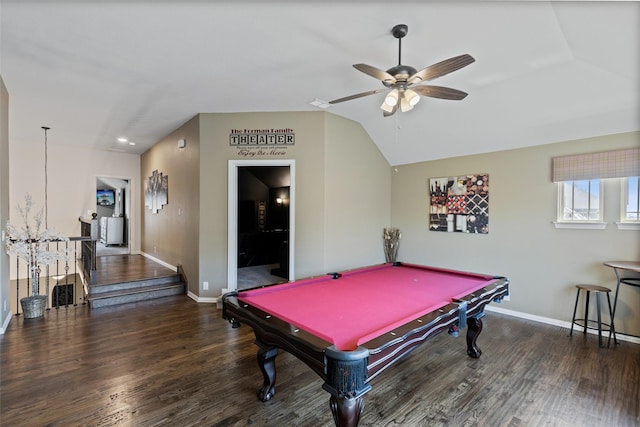 rec room with billiards, a ceiling fan, wood finished floors, baseboards, and lofted ceiling