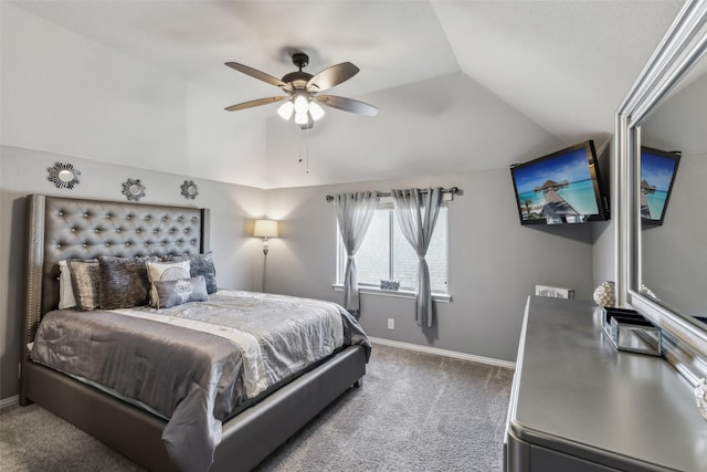 carpeted bedroom featuring a ceiling fan, baseboards, and vaulted ceiling