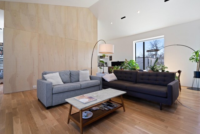 living area featuring high vaulted ceiling and light wood-type flooring