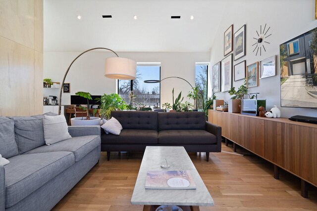 living area featuring recessed lighting and light wood finished floors