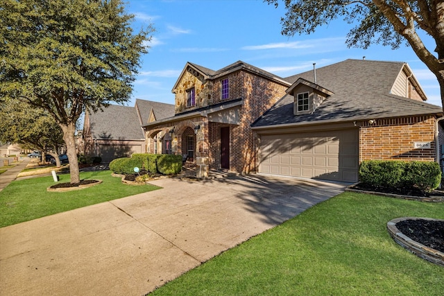 view of front of house featuring brick siding, a shingled roof, concrete driveway, a front yard, and a garage