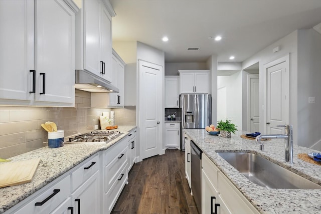 kitchen with a sink, dark wood-type flooring, appliances with stainless steel finishes, under cabinet range hood, and backsplash