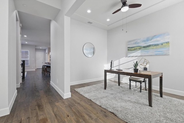 office space featuring dark wood finished floors, recessed lighting, and baseboards