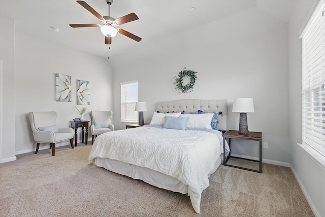 bedroom featuring vaulted ceiling, carpet flooring, a ceiling fan, and baseboards