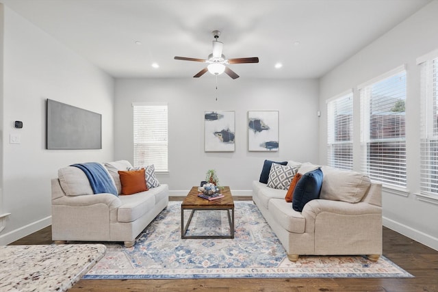 living room featuring wood finished floors, a healthy amount of sunlight, and baseboards