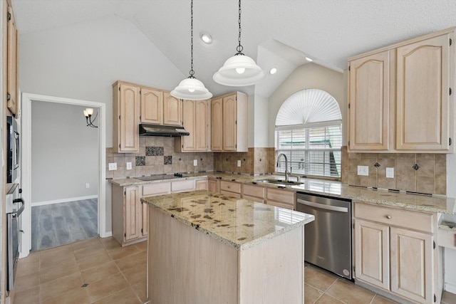 kitchen with a sink, stainless steel appliances, under cabinet range hood, and light brown cabinets