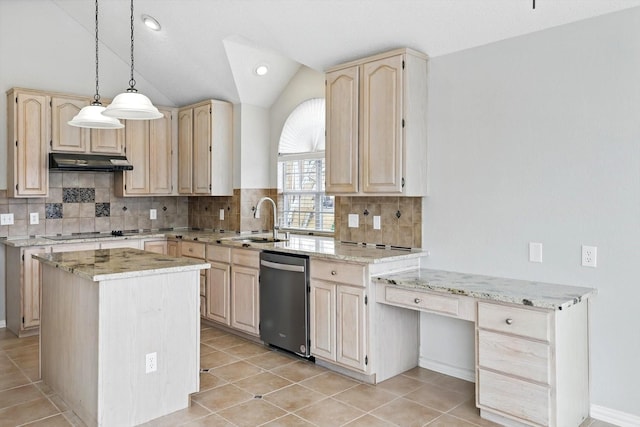 kitchen featuring dishwasher, a sink, under cabinet range hood, and light brown cabinetry