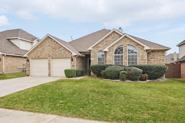 ranch-style home with brick siding, concrete driveway, a front yard, a chimney, and a garage