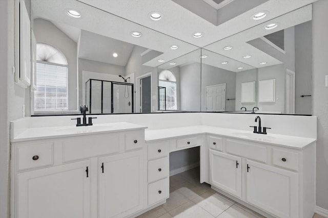 full bath featuring vanity, tile patterned floors, recessed lighting, and a stall shower