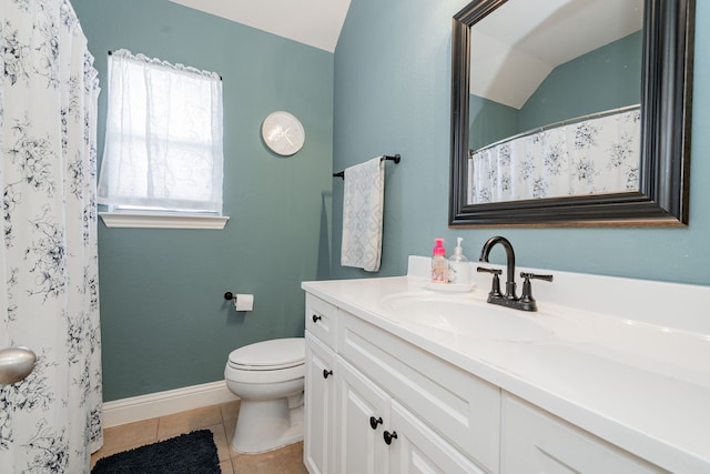 full bathroom with tile patterned flooring, baseboards, toilet, vaulted ceiling, and vanity