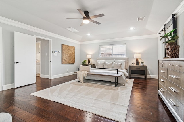 bedroom with visible vents, crown molding, baseboards, recessed lighting, and dark wood-style floors