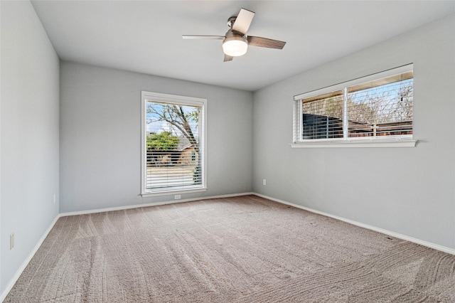 empty room featuring carpet, baseboards, and ceiling fan