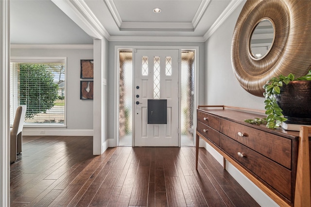 foyer entrance with crown molding, baseboards, dark wood-style flooring, and a tray ceiling